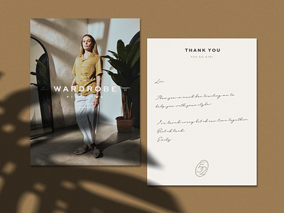 Wardrobe 52 | Collateral Exploration brand branding card clothes collateral consultant design elegant fashion feminine logo minimal mock up portrait print shadow simple style thank you wardrobe