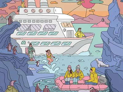 Antarctica Expedition antarctica arctic black outline boat cartoon design editorial expedition illustration landscape penguins people procreate scenic ship travel travel illustration water