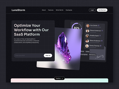 LunaStorm - SaaS LP concept crystal dark dark theme gradient hero landing page lp minimal modern noise purple saas trends ui