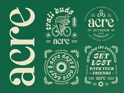 Acres of Merch acre adventure apparel badge beverage bike branding cannabis hike illustration lockup logo merch minnesota nature outdoors sun thc trippy typography