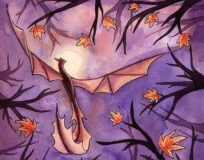 Midnight autumn forest dragon autumn character design creature design dragon dragons fantasy fly forest illustration leaves magic merch monster moon night poster print purple watercolor