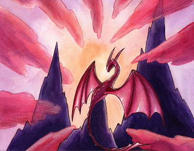 Sundown in mountains dragon in watercolor calendar character design clouds design dragon dragons editorial fantasy illustration merch mixedmedia mountains pink poster print sun sunset traditional watercolor wings
