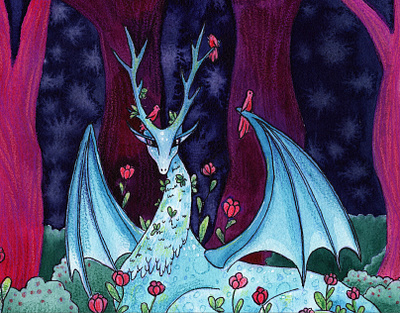 Magic Forest dragon in flowers and birds birds blue calendar character design creature design dragon dragons fantasy flowers forest horns illustration magic merch night pink poster print watercolor
