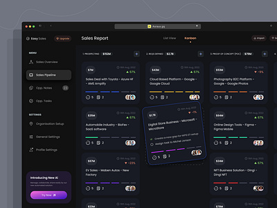 Sales management saas b2b dark mode web-based product design ai b2b card view clean design component dark mode dark ui dashboard data visualization design design thinking kanban board list view management product design saas sales ui design ux web design