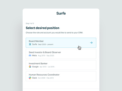 Select job title modal — Surfe UI bigger clicking areas clean ui components daily ui design system large clicking areas light mode minimal minimalistic modals multi step onboarding modal product design product modal sales plugin ui component ui design user flow user interface visual design