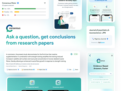 Consensus - AI based search tool ai clean gradient homepage layout metric platform productai progress research results search tags tiles ui websiteai