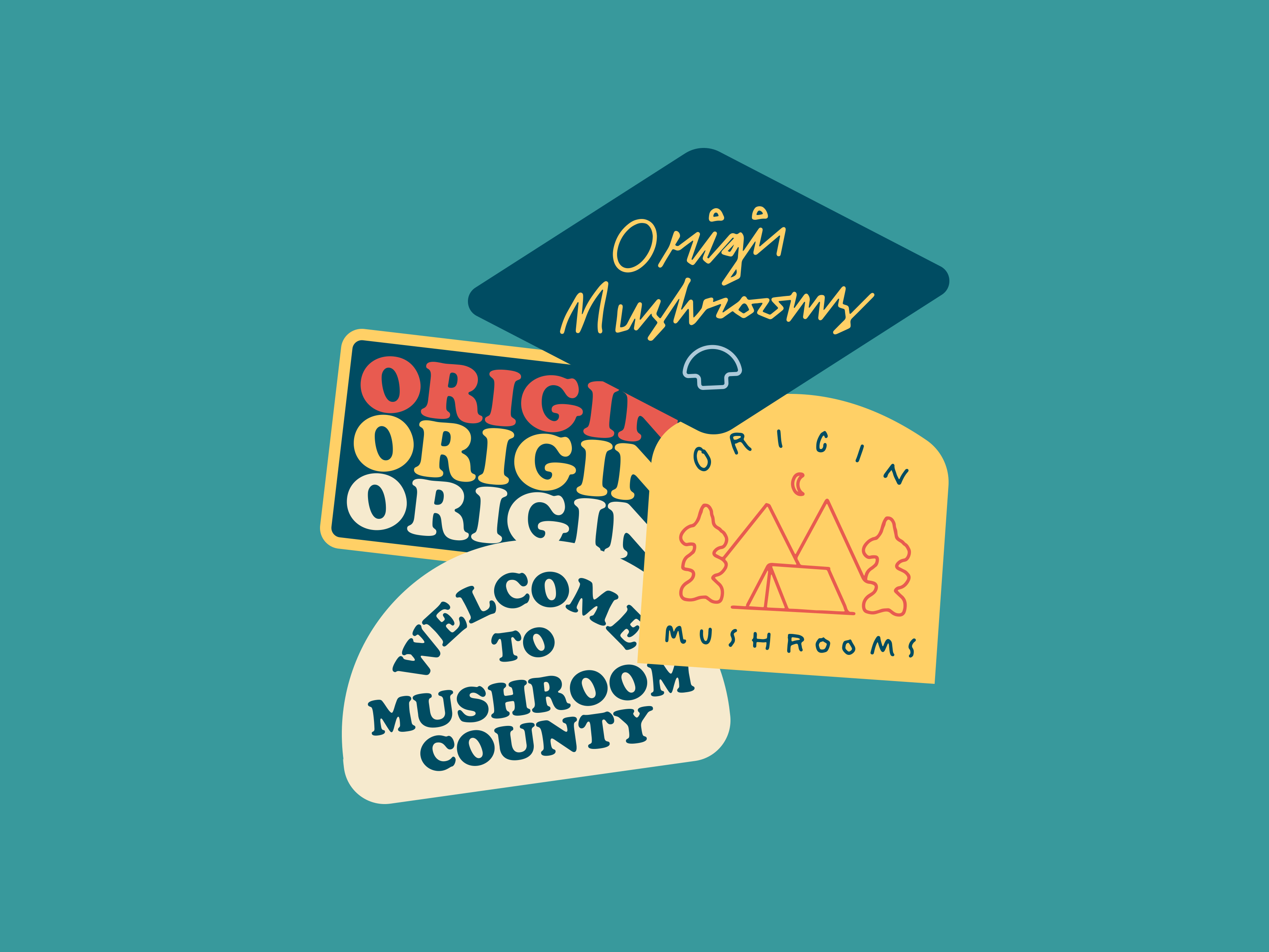 Origin Mushrooms Brand Identity and Logo Badge badge branding font illustration logo mushrooms pnw stickers vector