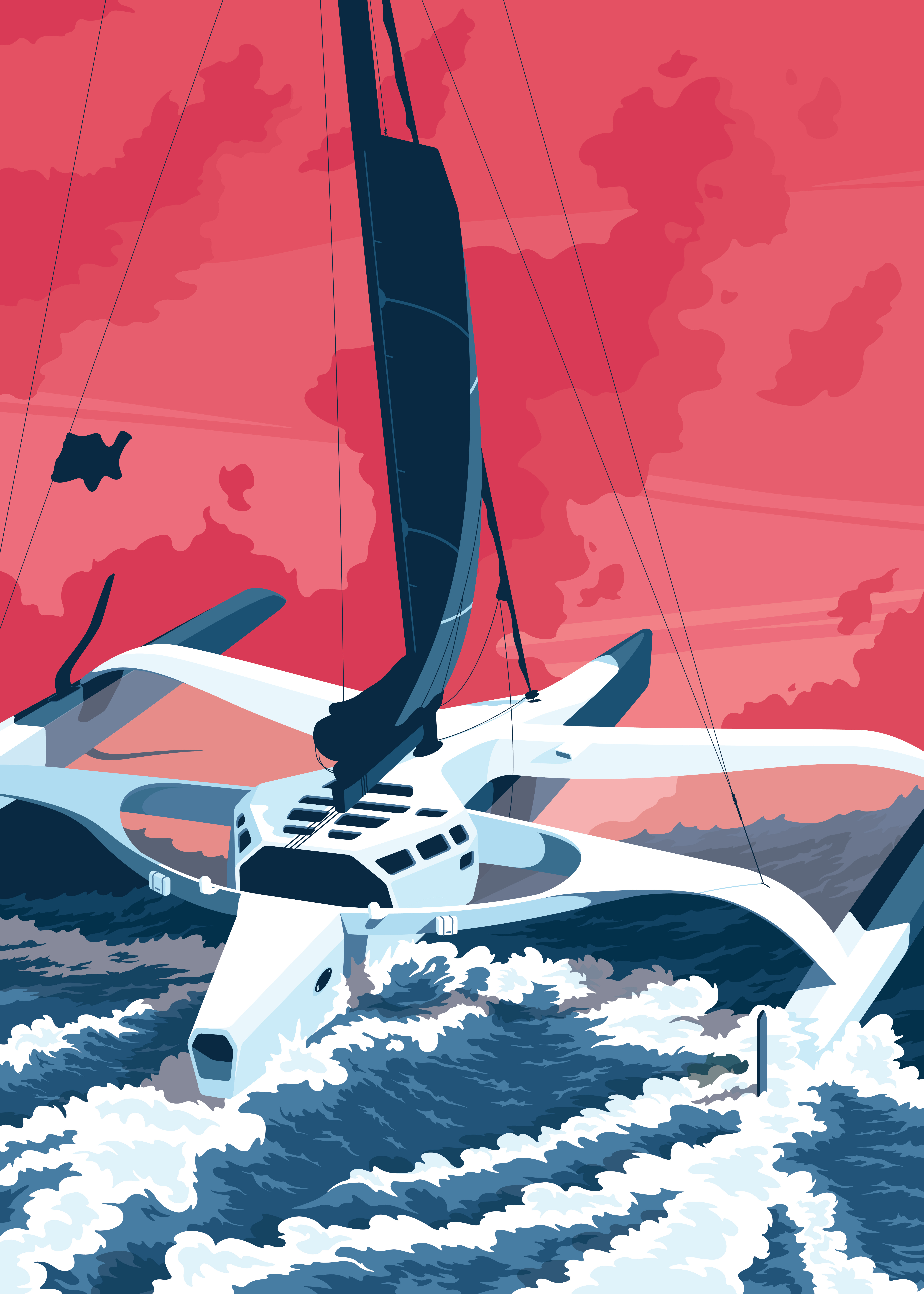 Dunes boat flat illustration ocean sea ship storm trimaran ultim vector voile voilier waves