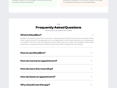 MoodBox Frequently Asked Questions design faq health tech landingpage mental health moodbox ui visual design wealth4us