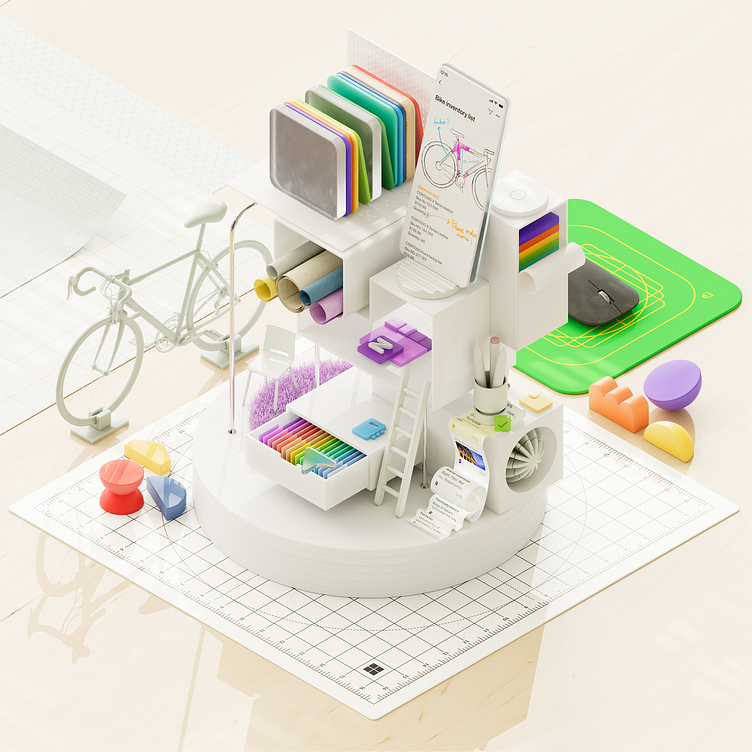 A shelf filled with productivity items sits on a square of graph paper surrounded by a bike, mousepa