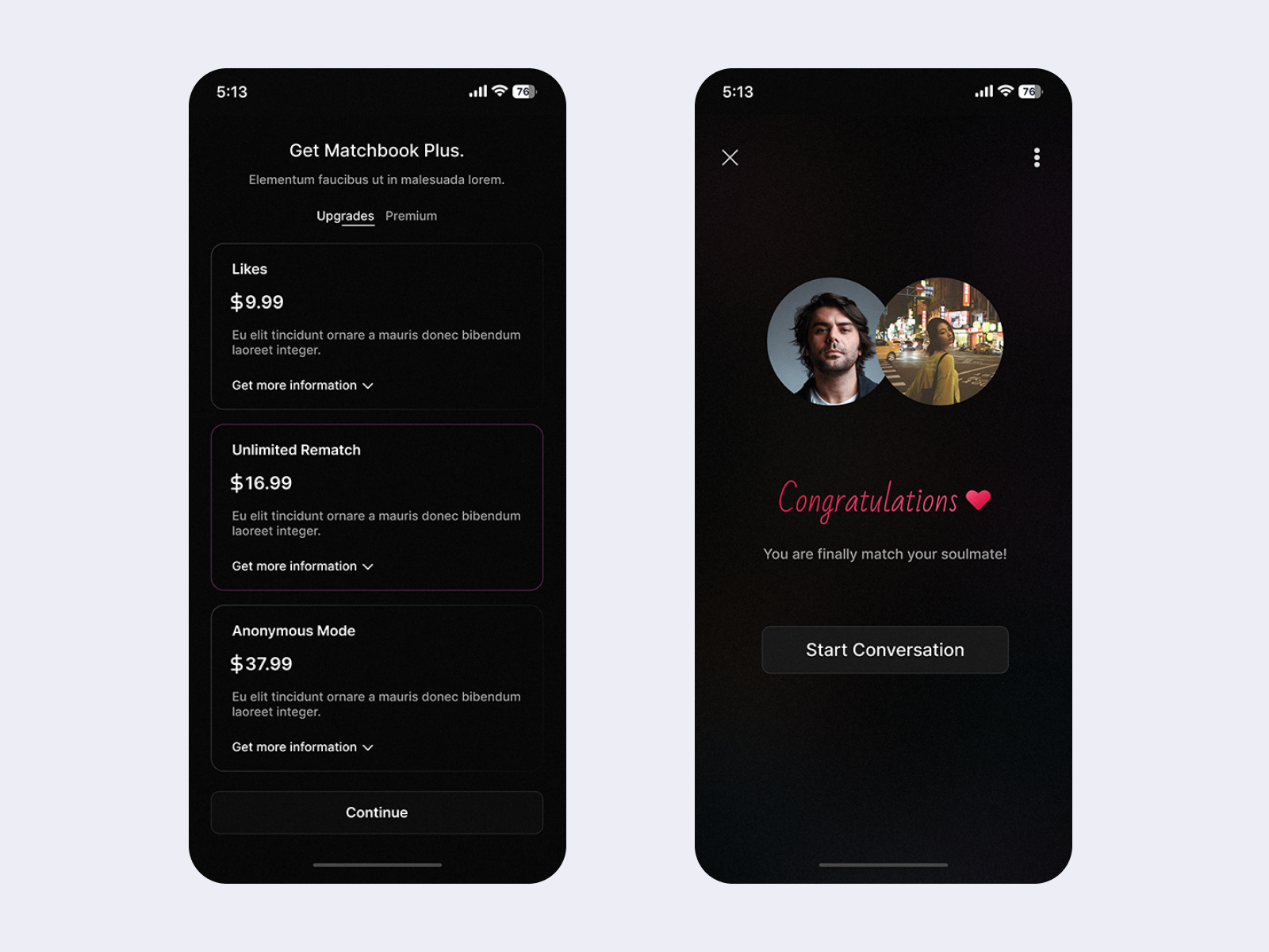 Match and premium pages in dating app by Halil Altıparmak on Dribbble