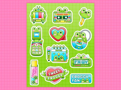 Froggy Fan Sticker Sheet 90s alarm clock amphibian animal casette tape character design colorful cute design flat frogs icon design illustration illustrator kawaii tamagotchi texture typography vector y2k aesthetic