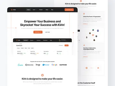 Kirin ⏤ SaaS Landing Page 💻 admin analytics app chart crm crm landing page customer dashboard data design landing page management minimal panel saas saas landing page sales management ui ux web