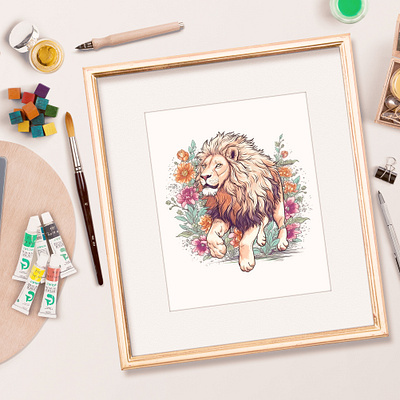 95 Lion and Flowers Together design illustration