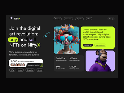 NiftyX - NFT Marketplace art blockchain crypto digitalart graphic design layot nft nftcreators nftdesign typography ui ux web web design тnftmarketplace