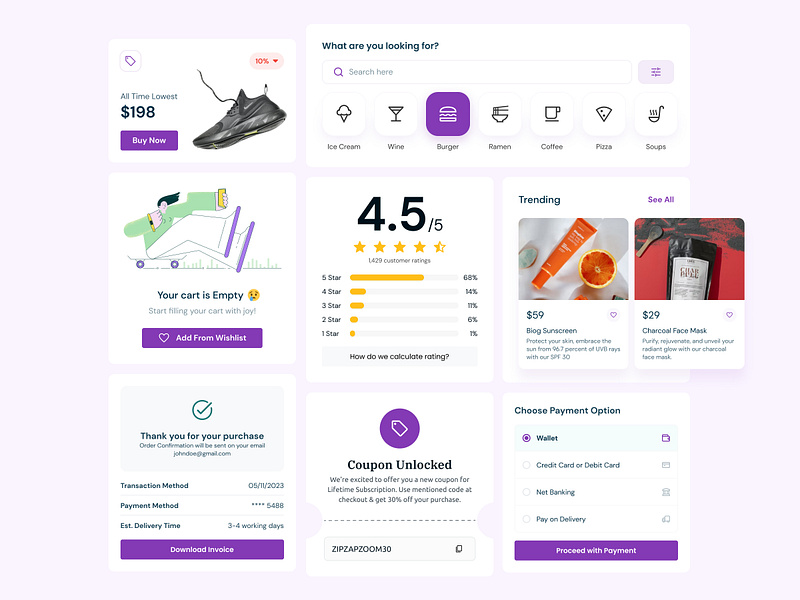 E-commerce App/Web Components app ui cart components dashboard design ecom ecommerce figma minimal ratings shopping ui web ui widgets