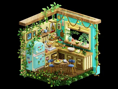 Jungle kitchen 3d blender buddha cozy design diorama food fridge home illustration island isometric jungle kitchen model nature render room thailand
