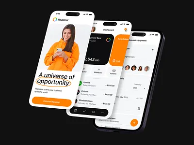 Mobile first design for a FinTech platform Payoneer | Lazarev. actions adaptation app balance card cards currency dashboard design discover fintech mobile onboarding pay payment payoneer request transaction ui ux