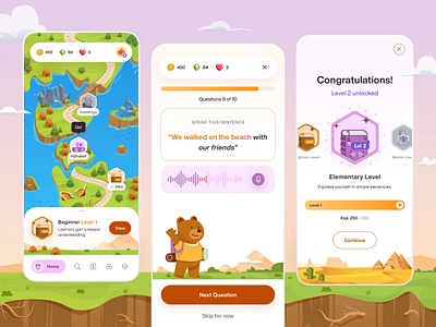 English Practice Design with Mascot app bear character design ecourse english gradient icon illustration learning level maps mascot mobile orely progress bar question saga maps ui design ux design