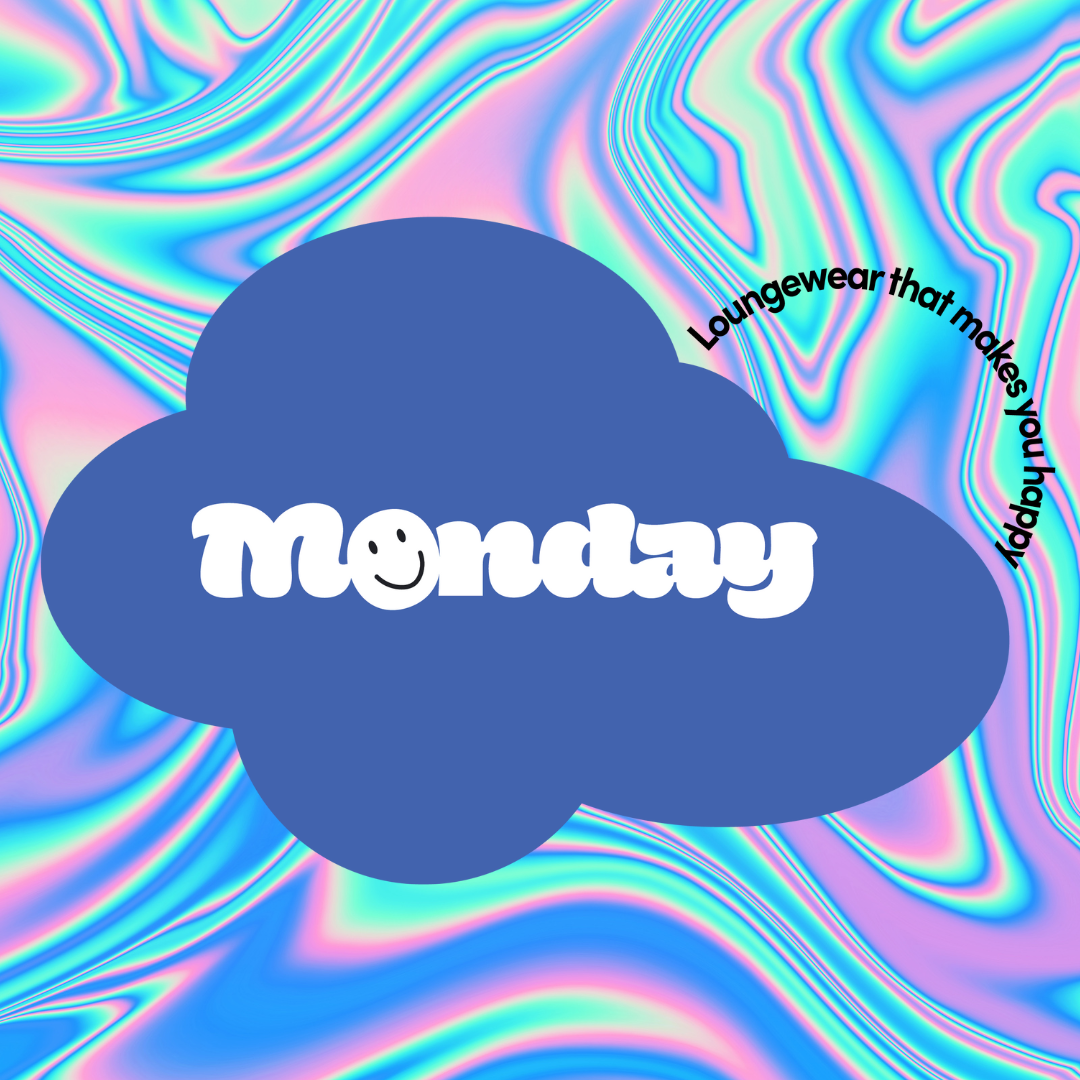 monday | loungewear that makes you happy 90s brand guide brand inspiration brand kit brand style branding clothing brand clothing logo custom design energetic funky logo gen z graphic design illustration illustrator logo logo design loungewear neon nostalgic