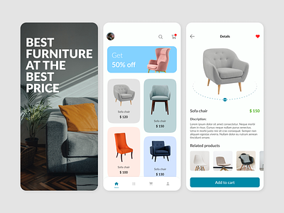 Furniture App appdesign architecture chair clean color design e shop ecommerce furniture graphicsdesign home decor mobileappui mobiledesign novuslogics product ui uiux useriinterface uxui
