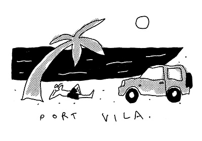 Port Vila 4x4 beach black and white character chilling collage doodle holidays illustration illustrator lo fi minimal minimalist old school palm tree procreate retro sea simple sun