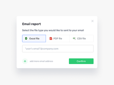 Email report add added confirm csv excel export file files formats modal modals more pdf plus report save select selector tabs ui
