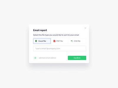 Email report add added confirm csv excel export file files formats modal modals more pdf plus report save select selector tabs ui
