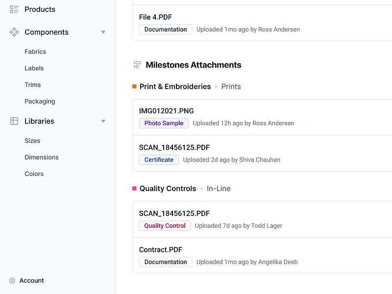 Listing Production Milestone Attachments attachments blue figma list minimal product design production app saas sidenav tags tiles ui ui design uploads ux web