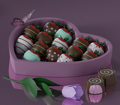 Box with Chocolate-Covered Strawberries 3d blender butterfly chocolatecoveredstrawberries heart illustration strawberries sweets tulip