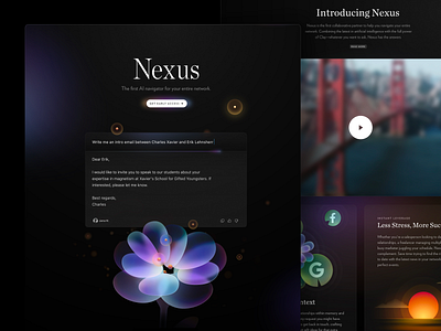 Introducing Nexus ai artificial intelligence chatgpt clay crm dark mode design figma flower illustration ios landing page mac macos nexus open ai product hunt sketch windows