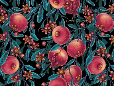 POMEGRANATE EDEN - patterns & motifs botanical branding design drawing exotic fabric florals flowers fruit graphic design hand drawn illustration pattern pattern design plants pomegranate seamless pattern textile tropical wallpaper