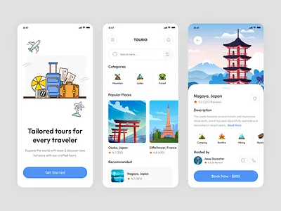 Tourio - Travel App Design🏝️ 3d animation app design app inspiration app screens best app insp booking branding graphic design logo minimal app insp motion graphics plane ticket ticket tour travel travell agency travelling ui uiux
