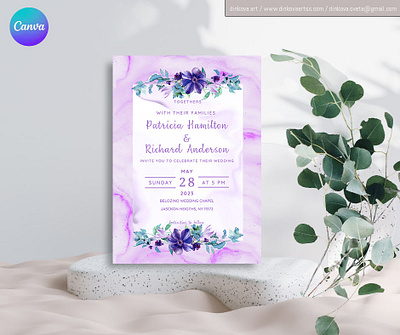 Wedding Invitation Purple Flower 2 Canva Editable Template