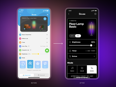 Govee Home App Redesign app design before and after clean dark mode glow gradient mobile app modern nucleo app purple slider smart home smart light ui uiux ux