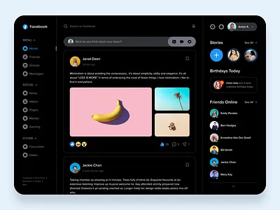 Facebook Redesign Concept accessibility black community concept dark dark mode dashboard desktop facebook figma design news newsfeed redesign social media social websites ui uiux user friendly user interface design website