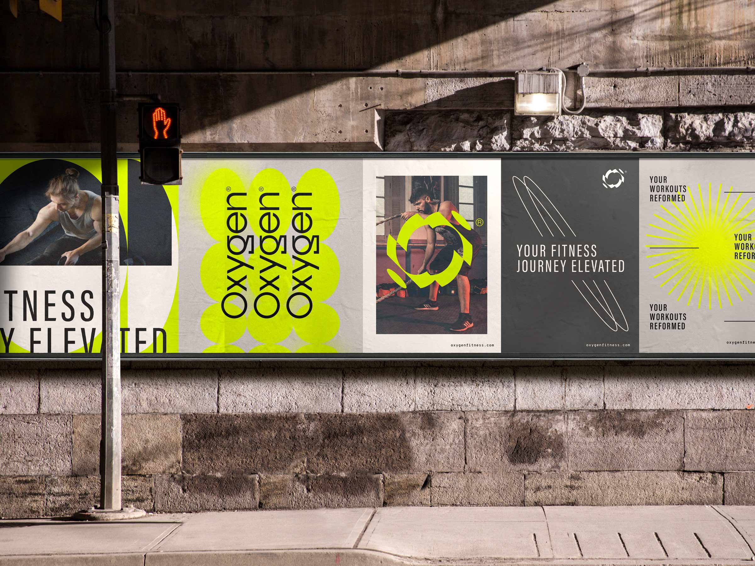 Oxygen Fitness Brand Identity Posters art direction art director billboard black brand identity branding design fitness freelance geometric graphic design gym logo neon o outdoor poster yellow