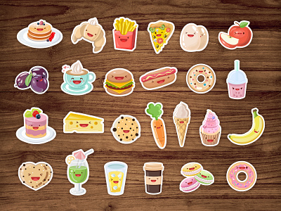 Cute kawaii food stickers. banana burger cute dessert donut drink egg fast food french fries friut junk food kawaii sticker sweet vegetable