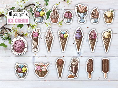A hand-drawn sketch sticker set of a waffle cones and ice cream