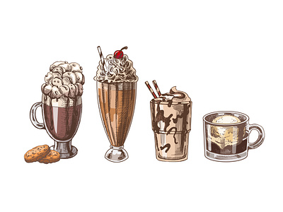 A hand-drawn colored sketch set of drinks. isolated