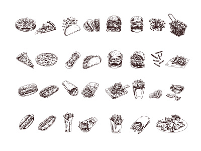 A hand-drawn sketch of a set of fast food dishes. collection fast lunch pizza