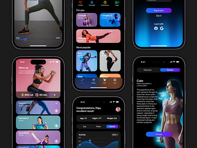 Concept design of a fitness app app coach dark fitness health healthy mobile mobile design neon sport stat training ui ux