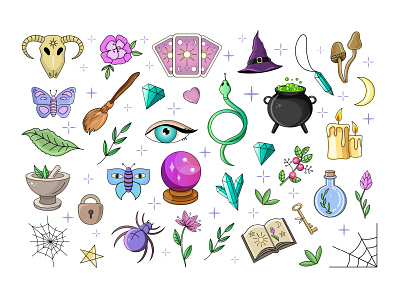 Icon set with magic items. Magic items collection. clipart collection creepy