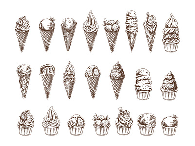 Hand-drawn sketch of ice cream or frozen yoghurt in cups. cupcakes