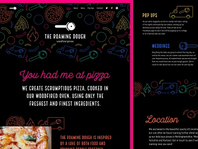 The Roaming Dough Homepage brand brand and identity branding bright colourful colours food hero homepage icons illustration pizza rebrand redesign startup user experience ux web design website website design