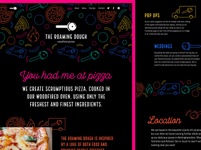 The Roaming Dough Homepage brand brand and identity branding bright colourful colours food hero homepage icons illustration pizza rebrand redesign startup user experience ux web design website website design
