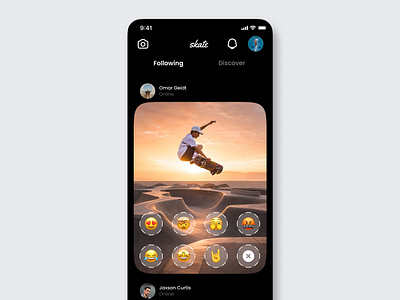 Skateboarding social app concept app app design community extreme sports feed image sharing instagram minimal mobile app post reactions sharing skate skateboard skateboarding social social app social feed ui