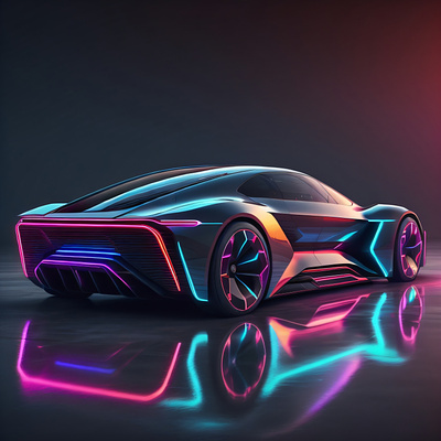 Neon Lights, Sports car and pitch black Background futuristic transportation