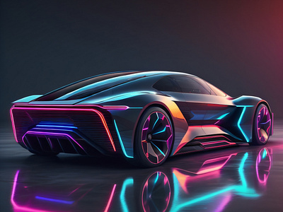 Neon Lights, Sports car and pitch black Background futuristic transportation