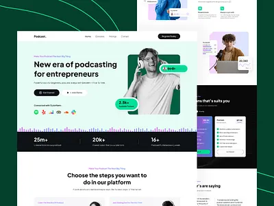 Podcast hosting platform landing page audio homepage landingpage minimal podcasting saas streaming ui